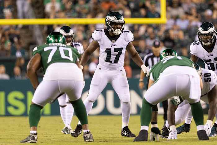 Philadelphia Eagles linebacker Nakobe Dean (17) has been around the team plenty while rehabbing a foot injury and is described by coach Nick Sirianni as a 'football junkie'.